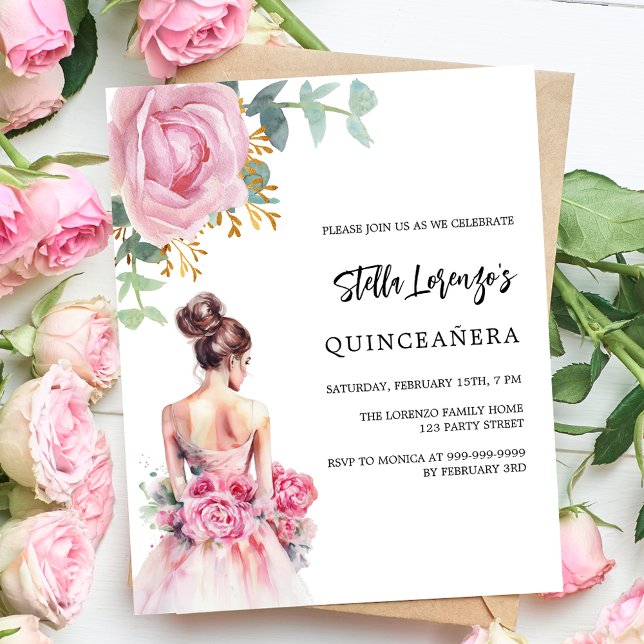 Pink dress rose Quinceanera budget invitation (Creator Uploaded)