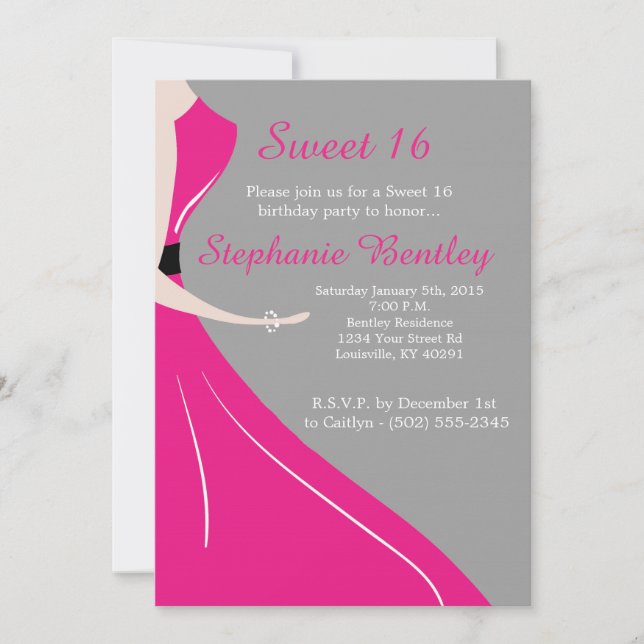Pink Dress Silhouette Sweet 16 Birthday Invitation (Front)