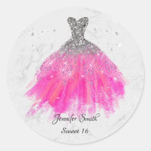 Pink dress silver glitter sweet sixteen classic round sticker