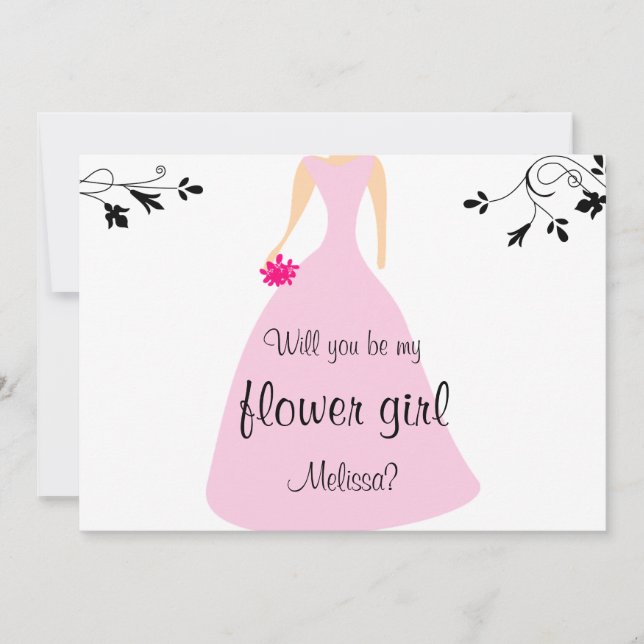 Pink Dress Will You Be My Flower Girl? Custom Name Invitation (Front)