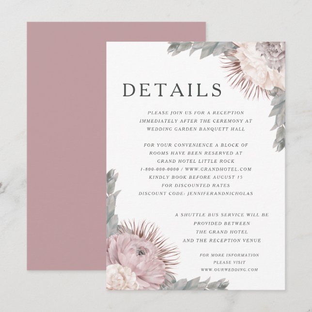 Pink Dried Flowers Wedding  Wedding Details Enclosure Card (Front/Back)