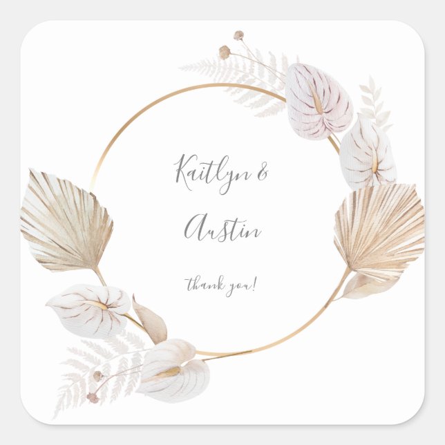 Pink Dried Leaf Boho Floral Thank You 3 Square Sticker (Front)