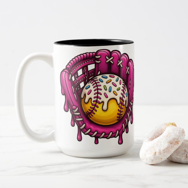 Pink Drip Baseball Glove Sprinkles Art Two-Tone Coffee Mug (With Donut)