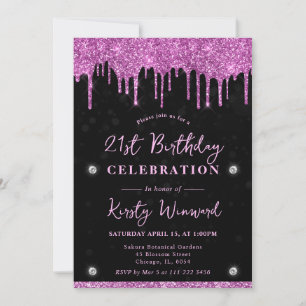 Pink Dripping Glitter Black Bokeh 21st Birthday Invitation
