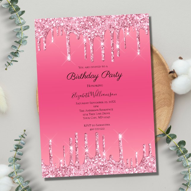 Pink Dripping Glitter Bling Glam Trendy Birthday Invitation (Creator Uploaded)
