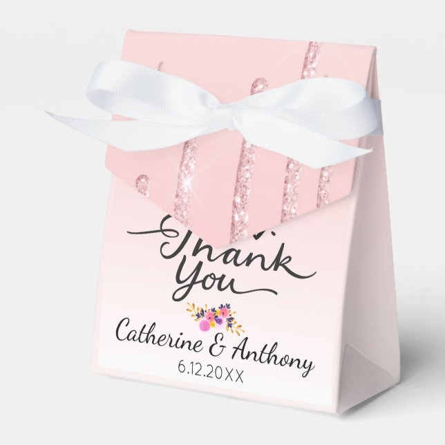 Pink Dripping Glitter Floral Thank You Favor Box (Front Side)