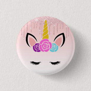 Pink Dripping Glitter Floral Unicorn 1 Inch Round Button
