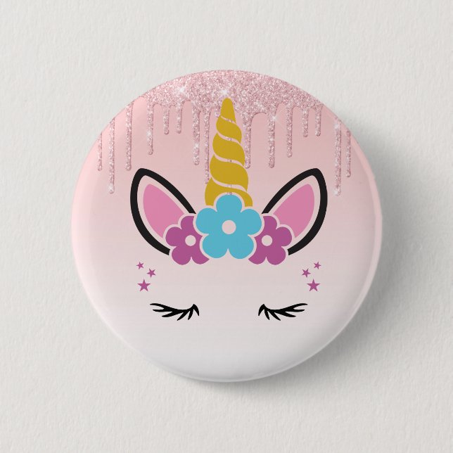 Pink Dripping Glitter Floral Unicorn 2 Inch Round Button (Front)