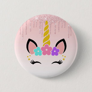 Pink Dripping Glitter Floral Unicorn 2 Inch Round Button
