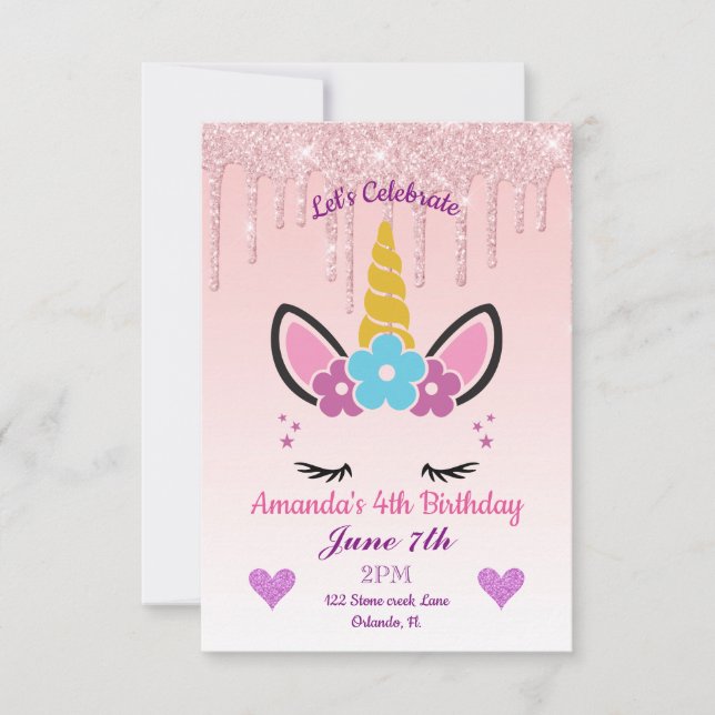 Pink Dripping Glitter/Floral Unicorn Birthday Invitation (Front)
