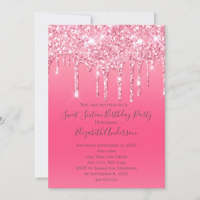 Pink Dripping Glitter Girly Trendy Chic Birthday Invitation (Front)