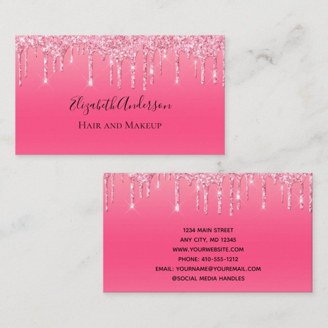 Pink Dripping Glitter Girly Trendy Chic Modern Bus Business Card (Front/Back)