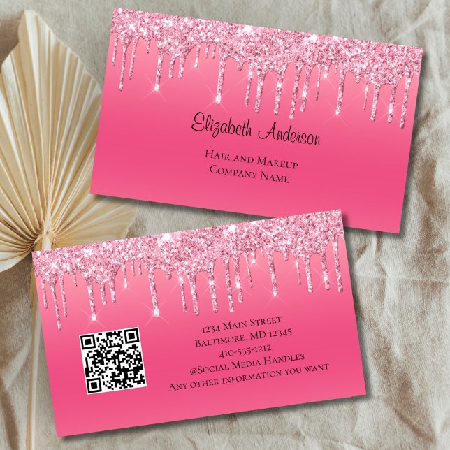 Pink Dripping Glitter QR code Hair Salon Nails Business Card (Pink Dripping Glitter Glam Bling Hair Skin Nails Salon Business Card for her Women owned Business)