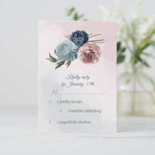 pink, dusty blue and navy blue flowers greenery RSVP card