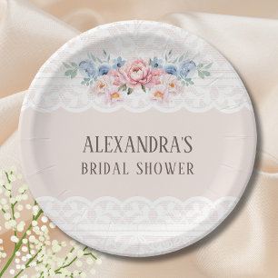Pink Dusty Blue Floral Vintage Lace Bridal Shower Paper Plate