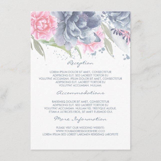 Pink + Dusty Blue Floral Wedding Information Guest Enclosure Card (Front)