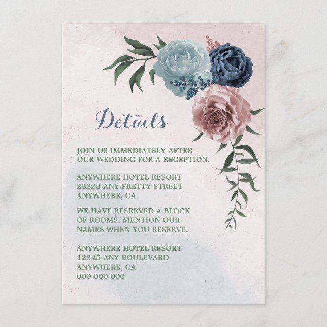 pink dusty blue navy blue floral greenery details enclosure card (Front)