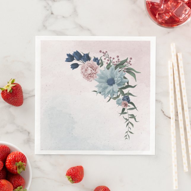 pink dusty blue navy blue floral greenery wedding napkin (Insitu)