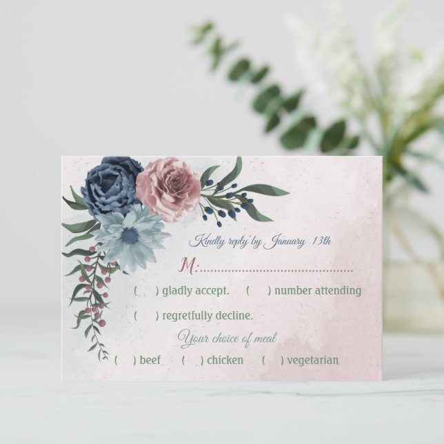  pink dusty blue navy flowers greenery meal choice RSVP card (Standing Front)