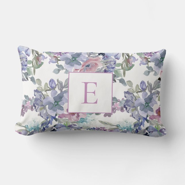 Pink Dusty Blue Purple Flowers White Monogram Lumbar Pillow (Front)