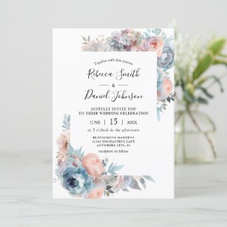 Pink & Dusty Blue Roses Watercolor Floral Wedding Invitation
