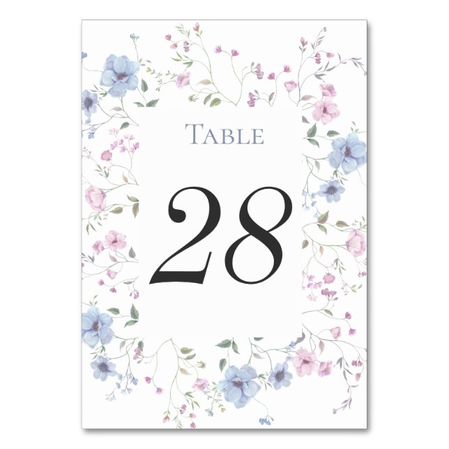 Pink & Dusty Blue Watercolor Floral Wedding Table Number (Front)