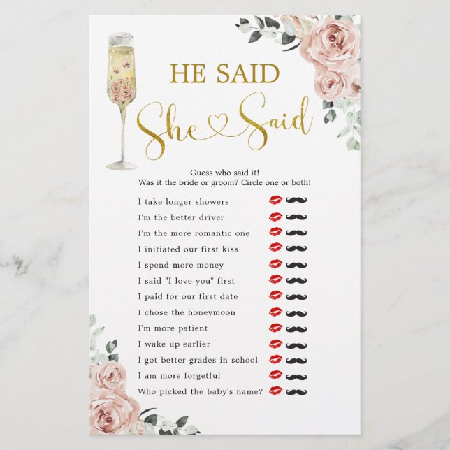 Pink Dusty Rose Bridal Shower He Said She Said (Front)