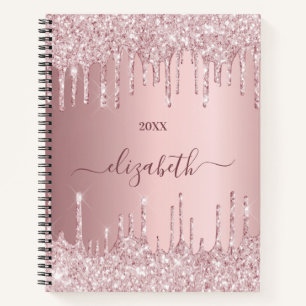 Pink dusty rose glitter drips monogram luxury notebook