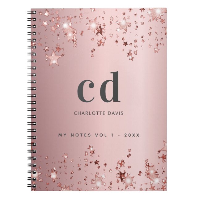 Pink dusty rose monogram sparkle stars notebook (Front)