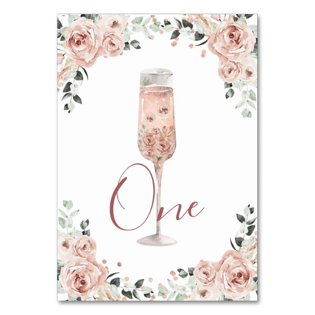 Pink Dusty Rose Petals and Prosecco Table Number (Front)