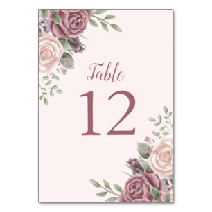 Pink Dusty Rose Watercolor Floral Pink Table Number