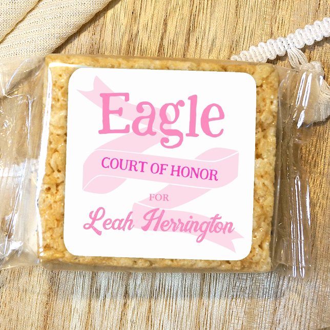 Pink Eagle Scout Court of Honor Party Square Sticker (Pink eagle scout court of honor party favor sticker, personalized pink label for take home treats)