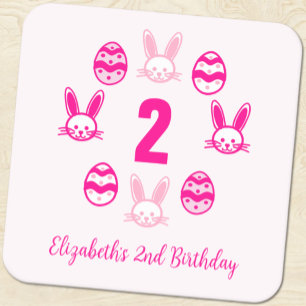 Pink Easter 2nd Birthday Square Paper Coaster