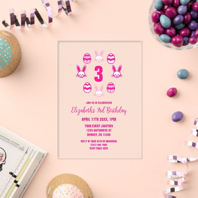 Pink Easter 3rd Birthday Acrylic Invitations (Insitu (Celebration))