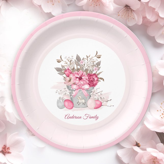 Pink Easter Brunch Family Name Flowers Paper Plate (Pink Easter Brunch Family Name Flowers Paper Plates)