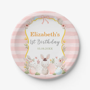 Pink Easter Bunnies Birthday Paper Plate