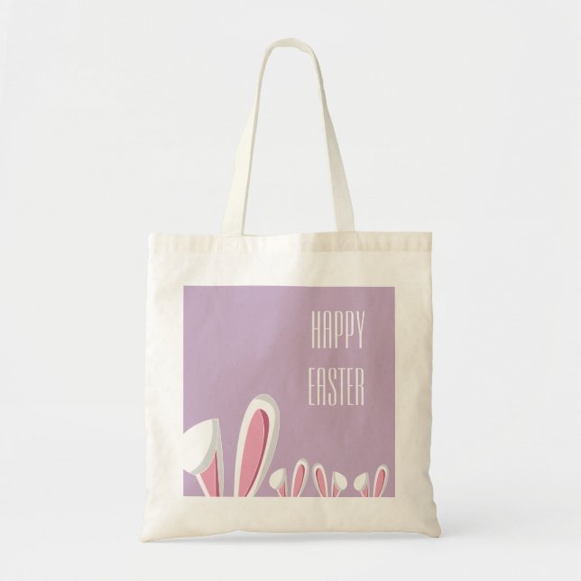 Pink Easter Bunny Ears on Purple  Easter Tote Bag (Front)