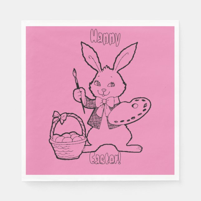 Pink Easter Bunny Painting Eggs Paper Napkins (Front)