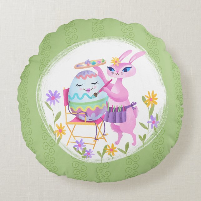 Pink Easter Bunny Rabbit and Egg | Round Pillow (Front)