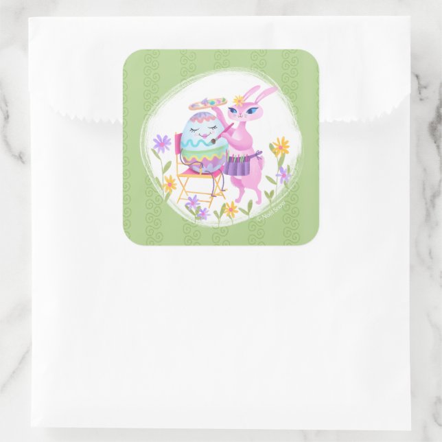 Pink Easter Bunny Rabbit and Egg | Square Sticker (Bag)