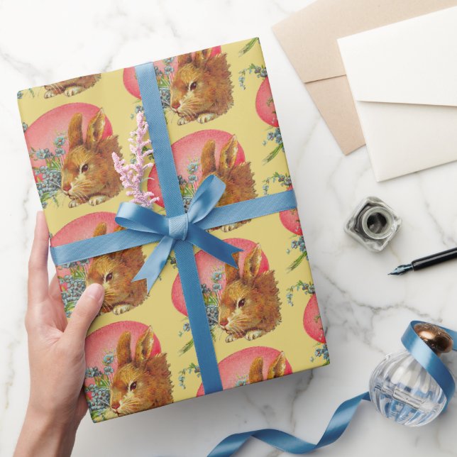 Pink Easter Egg and Bunny on Yellow Wrapping Paper (Gifting)