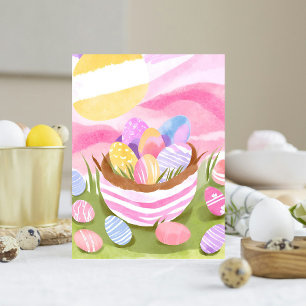 Pink Easter Egg Basket   Pastel Watercolor Holiday Postcard