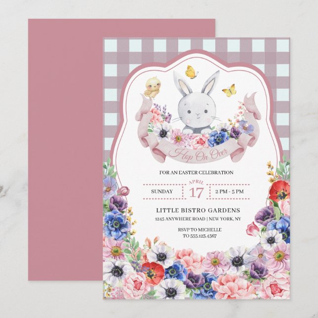 Pink Easter Egg Hunt Bunny Spring Flowers Invitation (Front/Back)