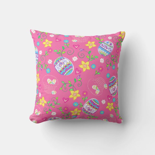 Pink Easter eggs, flowers and baskets Throw Pillow (Front)