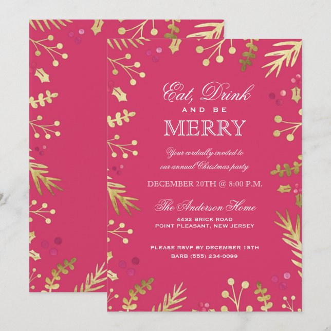 Pink Eat, Drink and Be Merry Christmas Party Invitation (Front/Back)