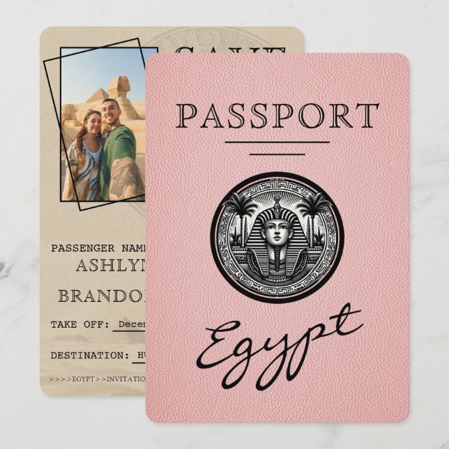 Pink Egypt Passport Wedding Save the Date (Devant / Derrière)