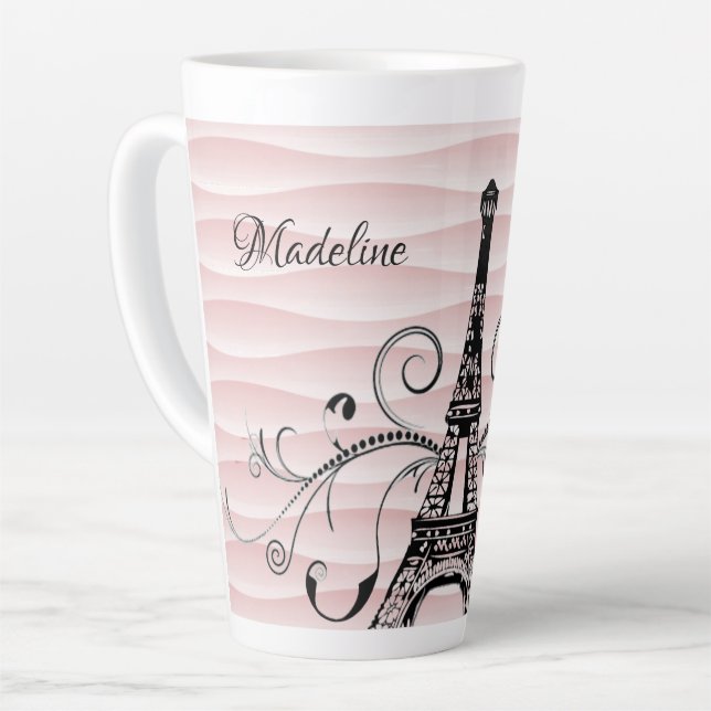 Pink Eiffel Tower Flourish Latte Mug (Left Angle)
