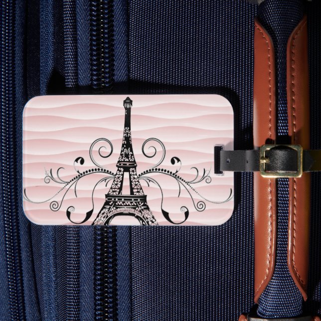Pink Eiffel Tower Flourish Luggage Tag (Front Insitu 4)