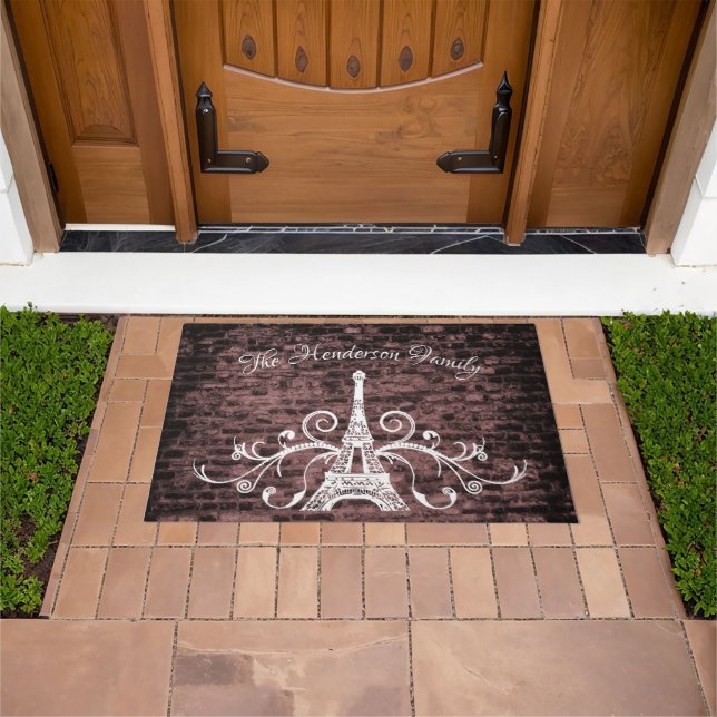 Pink Eiffel Tower Grunge Personalized Door Mat (Outdoor)