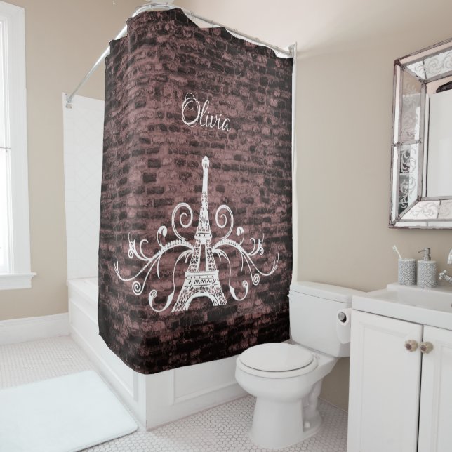 Pink Eiffel Tower Grunge Shower Curtain (In Situ)